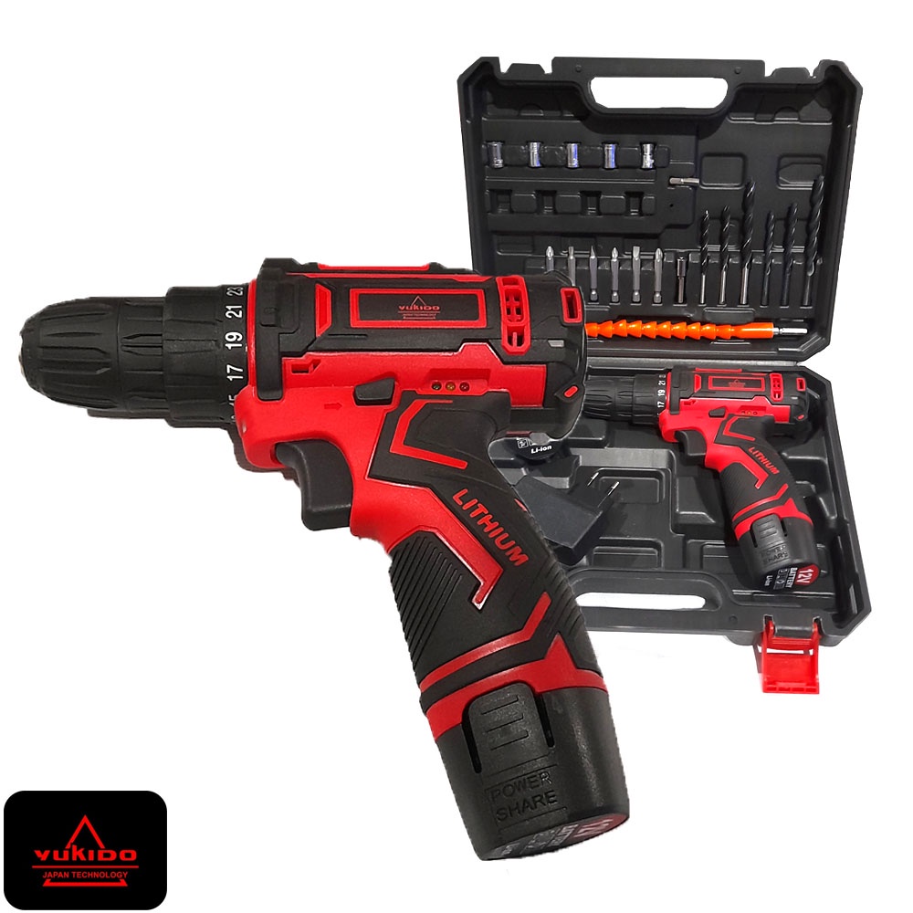 NEW HARGA PROMO JLD/YUKIDO SET Bor 10mm 2 baterai Obeng Bor Bolak Balik 12 V MERAH Cordless Drill Charging JLD TOOLS