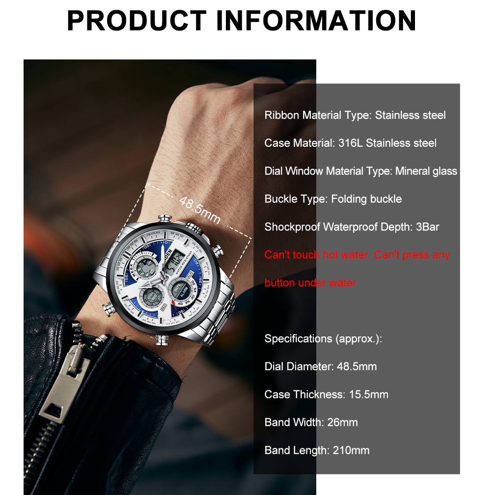 BIDEN Jam Tangan Pria Orginal Multifungsi Dual Display Dial Digital &amp; Analog Anti Air Kuarsa Tali Stainless Steel Jam Tangan