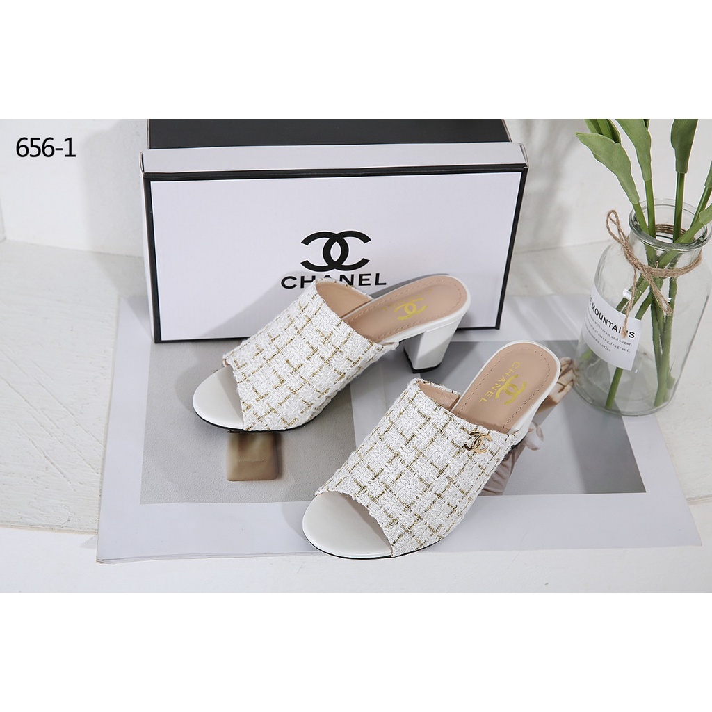 CH Tweed Logo CC Block Heels Sandals 656-1