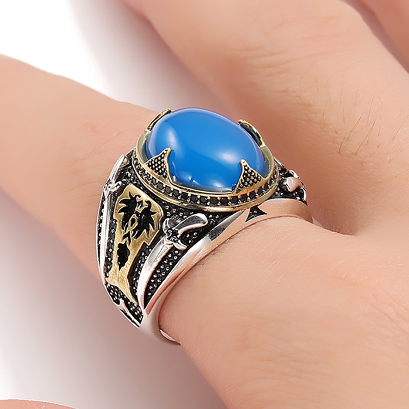 Cincin Batu Biru Desain Pedang Ganda Gaya Klasik Untuk Pria