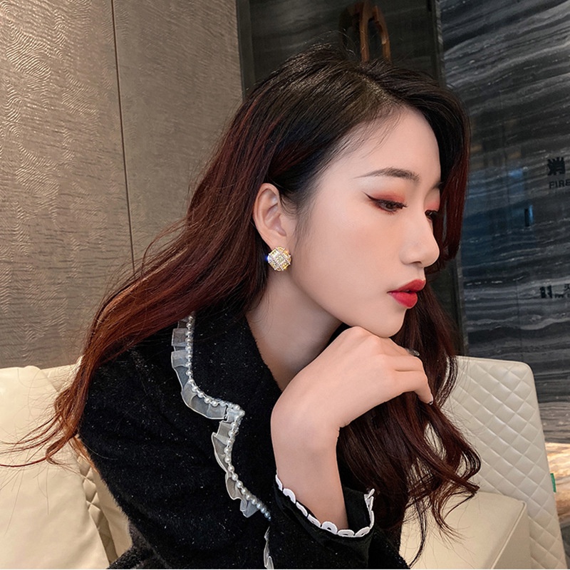 Anting Tusuk Sterling Silver 925 Bentuk Kotak Hias Mutiaraberlian Imitasi Ala Korea Untuk Wanita