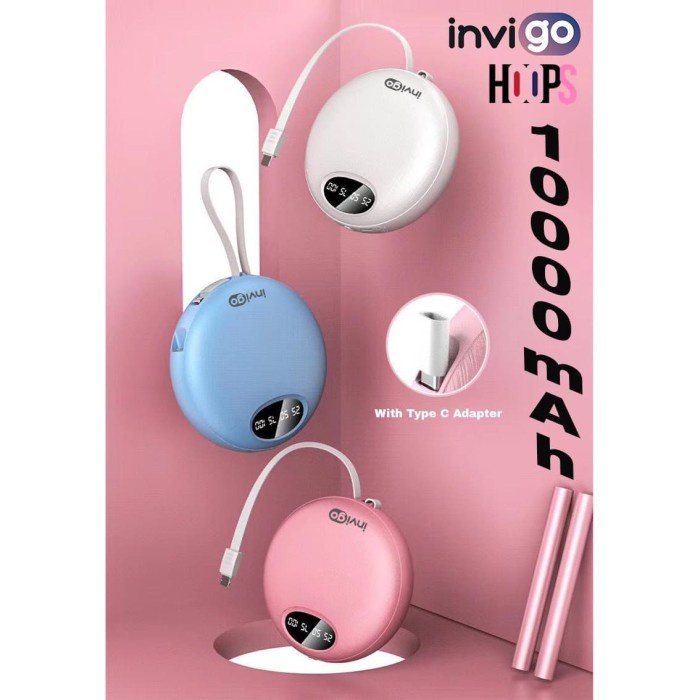 PowerBank Power Bank Invigo HOOPS Bulat 10.000mAH Ios &amp; Type C 2.4A - Merah Muda