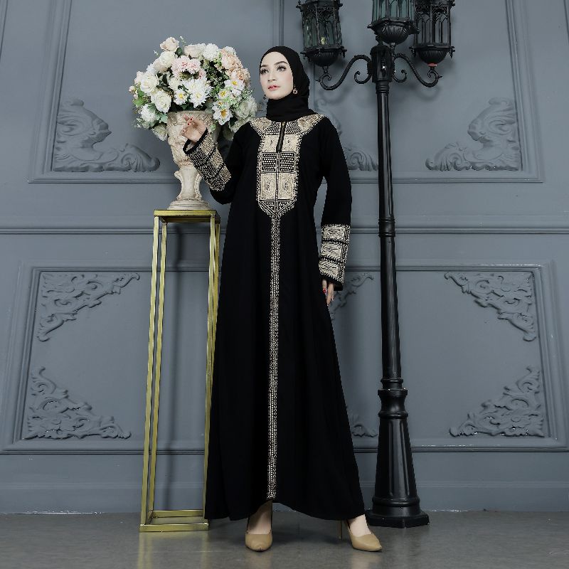 GALLERY EXCLUSIVE ABAYA HITAM GAMIS ZIPER BORDIR DUBAI ROSE GOLD BUSUI