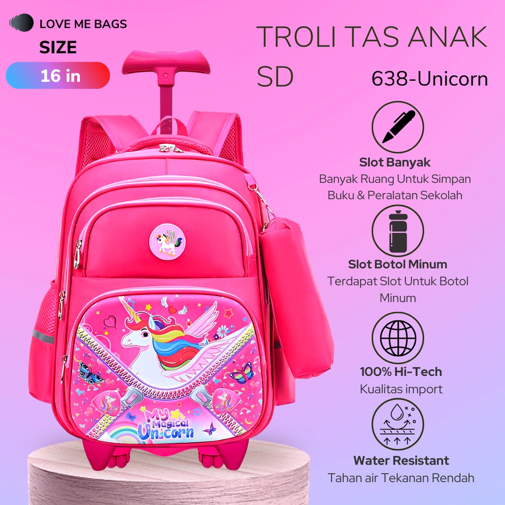 LMB Tas Troli Anak Perempuan Sd Roda Dorong Trolley Gambar Unicorn Kuda Pony Timbul 6D Import