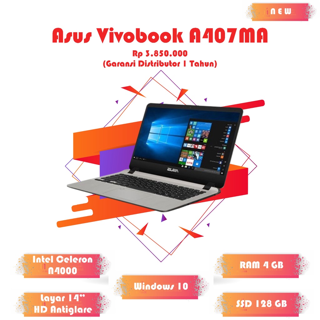 Asus Vivobook A407MA Intel N4000 RAM 4GB SSD 128GB 14" Slim Antiglare 3 jutaan Baru