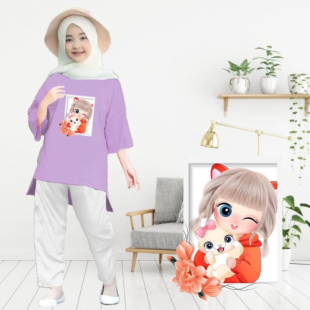 Tunik Anak Anime Girl Cat/Atasan Muslim Anak