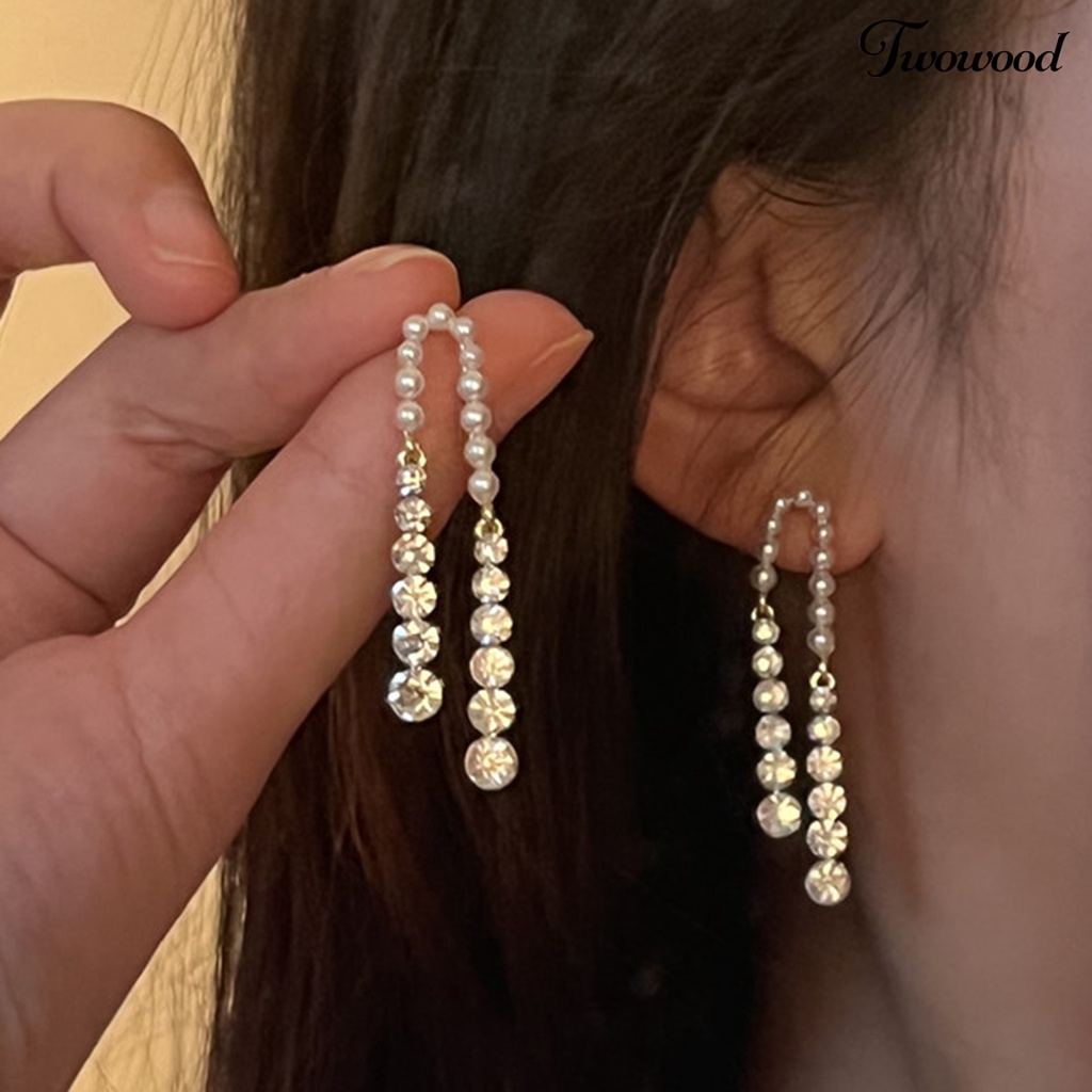 1 Pasang Anting Juntai Panjang Aksen Mutiara Tiruan Bahan Cubic Zirconia Gaya Perancis Untuk Wanita