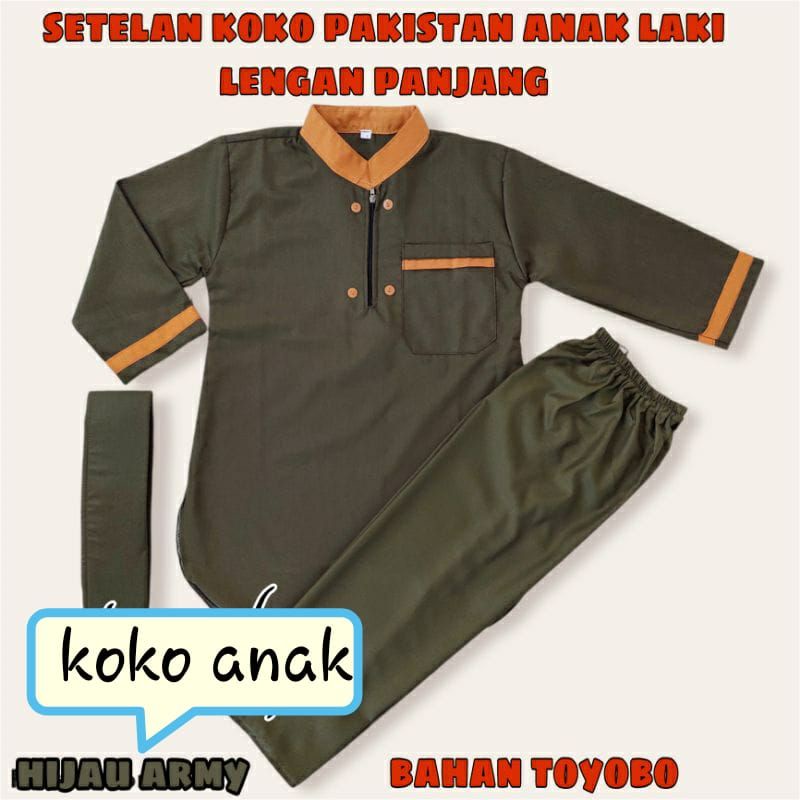 Baju Koko anak | setelan Koko PAKISTAN TOYOBO pnjang | baju Koko Hadroh hijau 4-12th