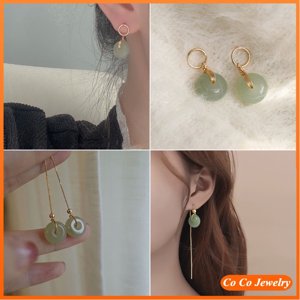 Anting Kait Gantung Temperament Bahan Benang Gold Hias Giok Gaya Simple Untuk Wanita