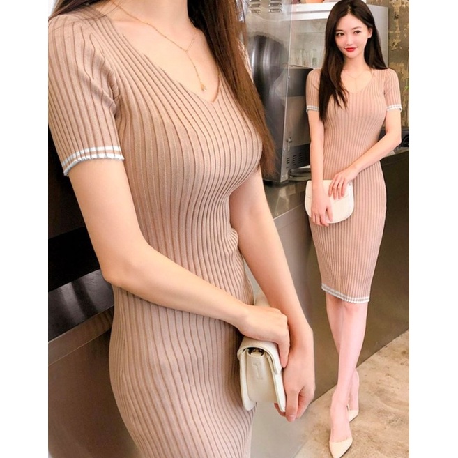 Basic id fashion Dres rajut bodycon / korean dres rajut / Baju rajut premium / Dres rajut V