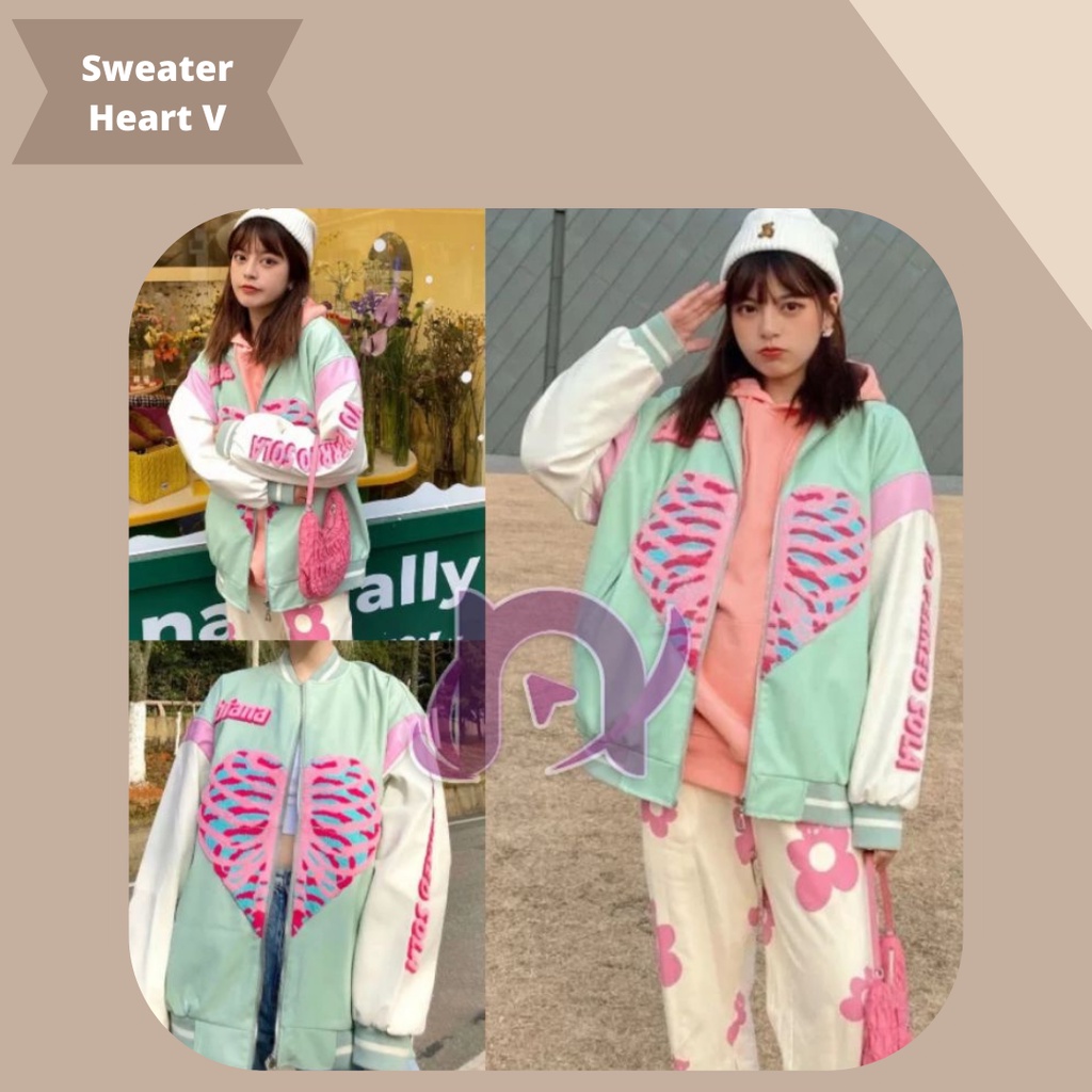 HEART VARSITY JAKET BISBOL WARNA MINT / KOREAN JACKET FASHION