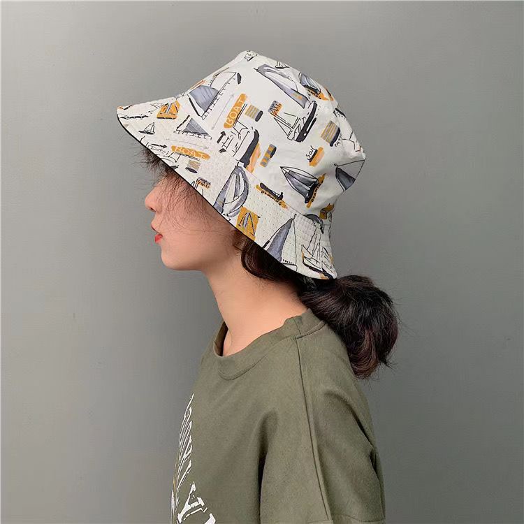 Topi Nelayan Bahan Katun Dua Sisi Motif Doodle Gaya Korea Untuk Unisex