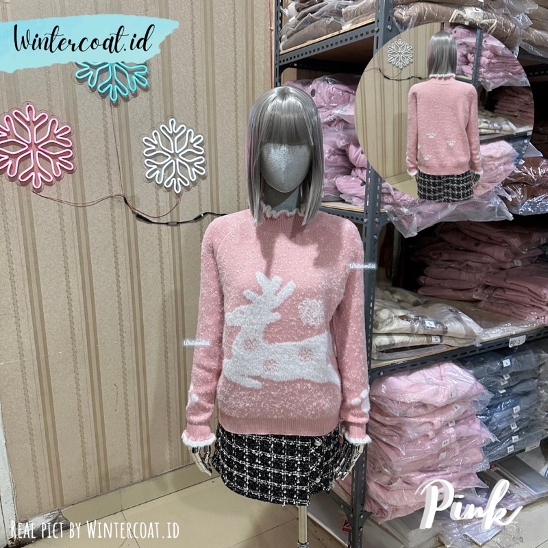 Sweater wanita natal christmas Reindeer snow cewek import winter autumn atasan hangat knit baju rajut motif rusa rudolph