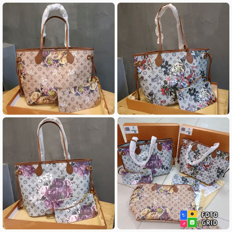 tas fashion Tote LV neverfull bunga free box, tas Tote flora set dompet size medium