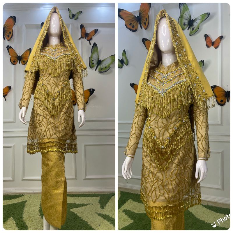 Gaun pengantin koto gadang berekor mewah / kebaya pengantin akad koto gadang / kebaya adat Melayu