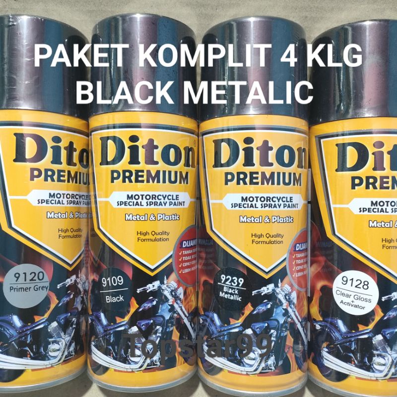 Pilok Cat Diton Premium Paket Lengkap 4 Kaleng Black Metalic Hitam Metalik 9239 Primer Grey 9120 Black 9109 Clear Gloss 9128 400cc Pilox Paketan Cat Semprot Special Spray Paint