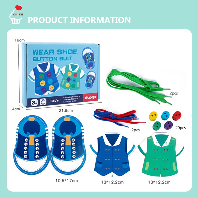Duoqu Wear Shoe Button Suit SET | Mainan Menjahit Kancing Baju Mengikat Tali Sepatu | Montessori Lacing Threading Sewing Toy | Mainan Edukatif Edukasi Anak Motorik Halus | Hand Eye Coordination / Koordinasi Mata dan Tangan