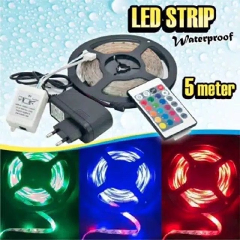 LED STRIP RGB IP44 2835 5050 5METER 5M 5 METER DC 12V KOMPLIT WARNA WARNI REMOTE CONTROL ADAPTOR