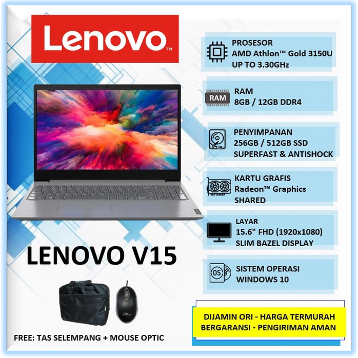 Laptop Slim Murah Lenovo V15 AMD Athlon Gold Ram 8GB 12GB SSD 256GB 512GB 15.6" FHD Win10Pro Grey