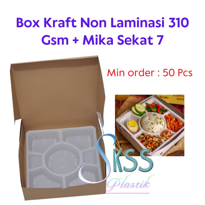 NEW Box Kraft 20x20x7 + Mika Sekat 7 l Dus Catering l Dus Kotak Nasi - Sekat 7 Putih S, Non Laminasi