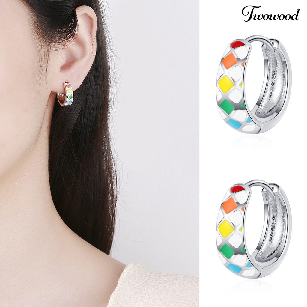 1 Pasang Anting Hoop Motif Kotak-Kotak Gaya Korea Untuk Wanita