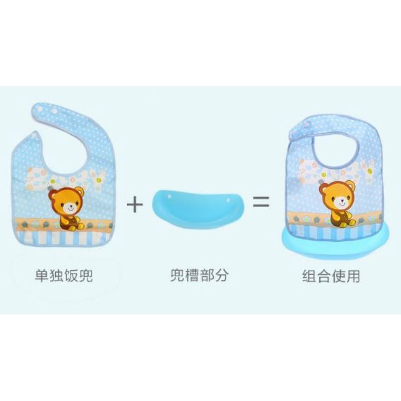 Celemek Bayi dengan tadahan anti air water proof /  slabber bayi silicon/ celemek bayi waterproof