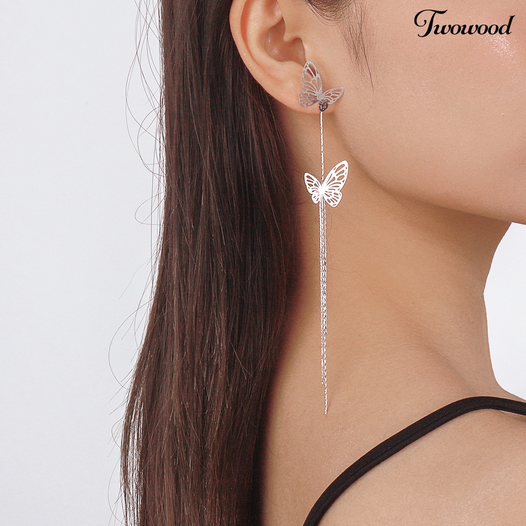 Anting Juntai Panjang Model Hollow Butterfly Bahan Metal Untuk Wanita