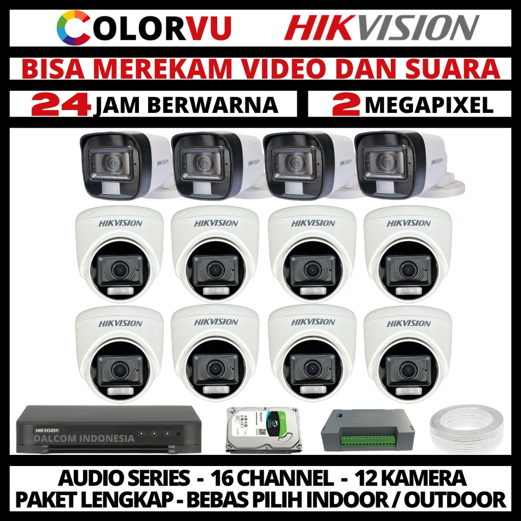 PAKET CCTV COLORVU HIKVISION 2MP 16 CHANNEL 12 KAMERA