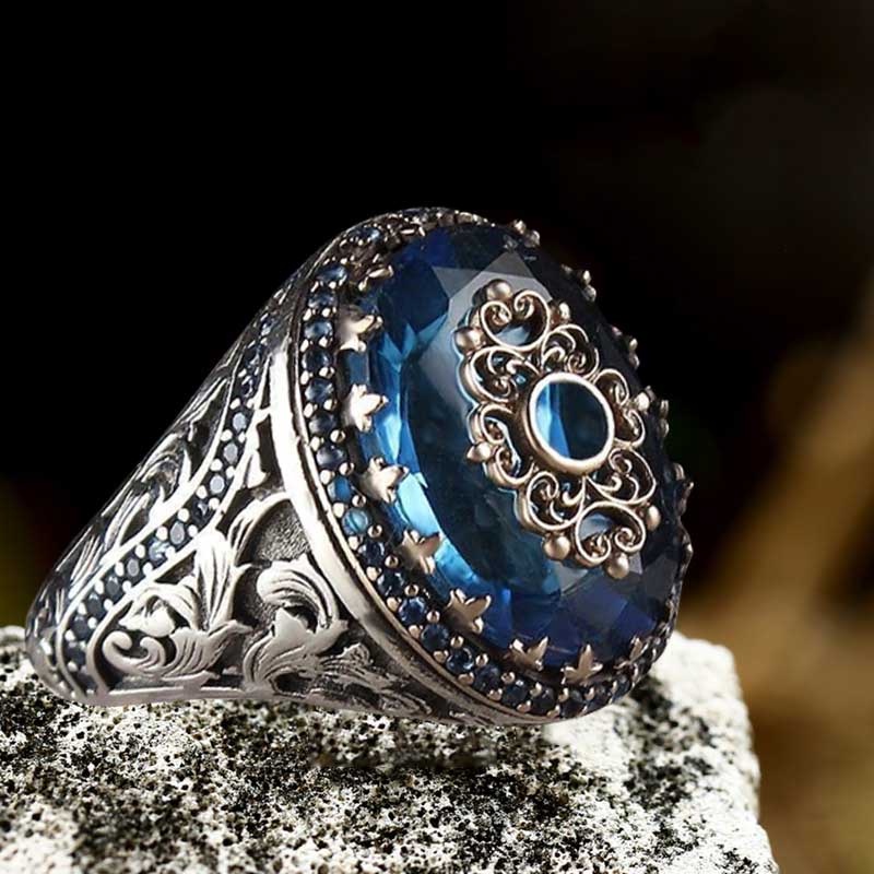 Cincin Jari Bahan Titanium Steel S925 Hias Batu Zircon Biru Berlian Imitasi Gaya Vintage Punk Untuk Pria