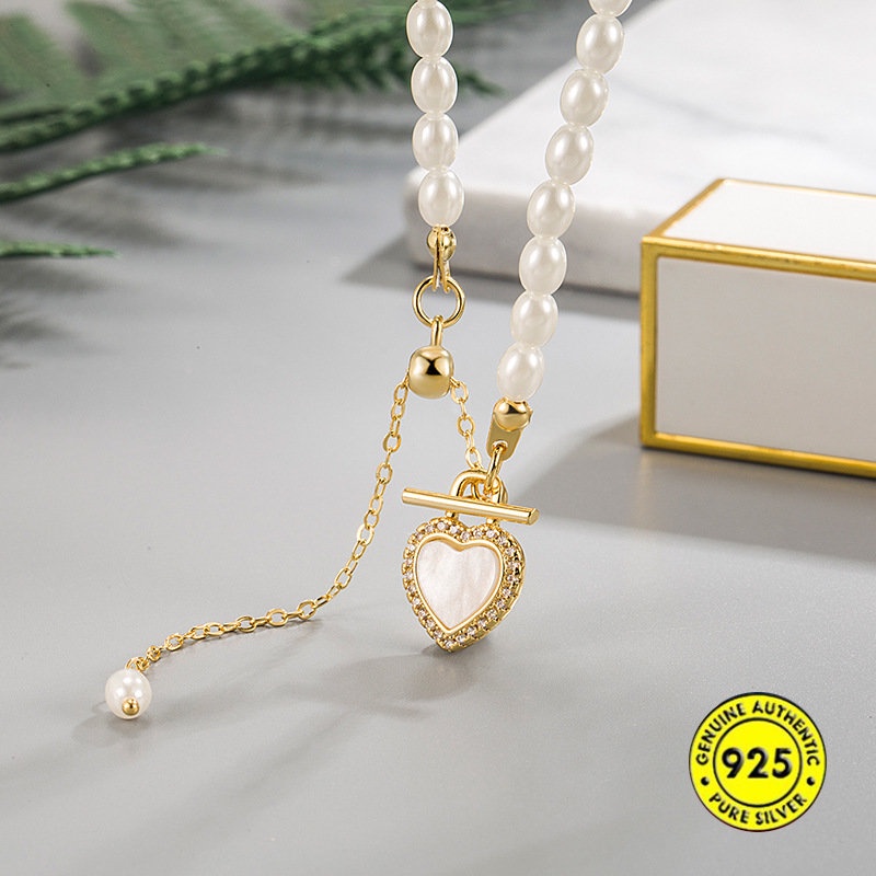 Kalung Rantai Dengan Liontin Hati + Mutiara Untuk Wanita U1398