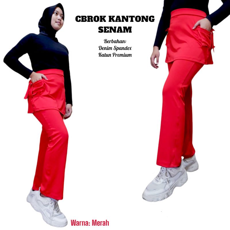 celana senam rok kantong merah bahan denim spandex katun