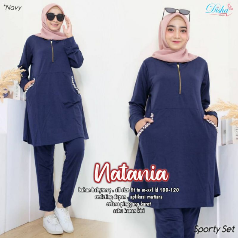 NATANIA SPORTY SET BY DISHA | Setelan Olahraga Wanita Bahan Babyterry Melar LD 100-120 Aplikasi Muti