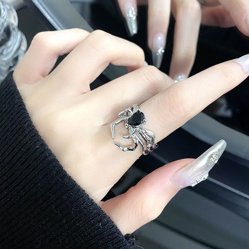 Fancyqube Cincin Model Terbuka Desain Jaring Laba-Laba Hias Kristal Zircon Hitam Gaya Gothic Untuk Wanita