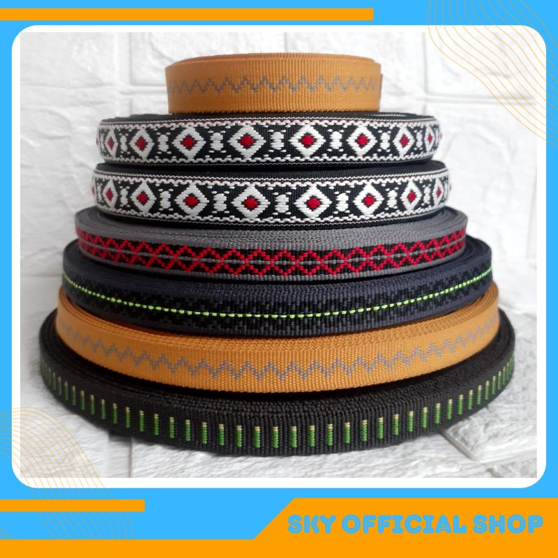 Tali Webing Webbing Motif Etnik Vintage Pita Bisban Pelipit Stok Garment Berkwalitas