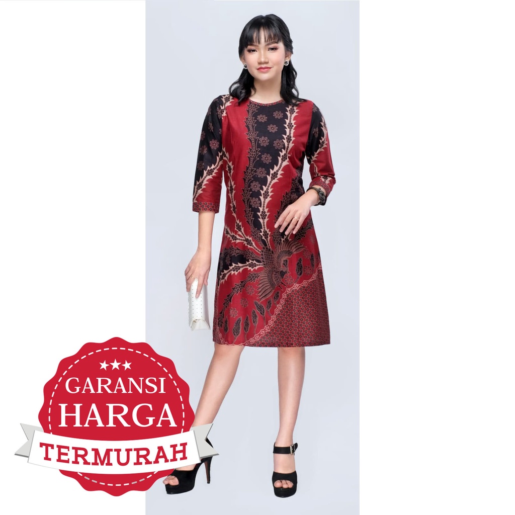 Dress Batik Wanita Baju Seragam Kerja Kantor 3168 Merah Maroon