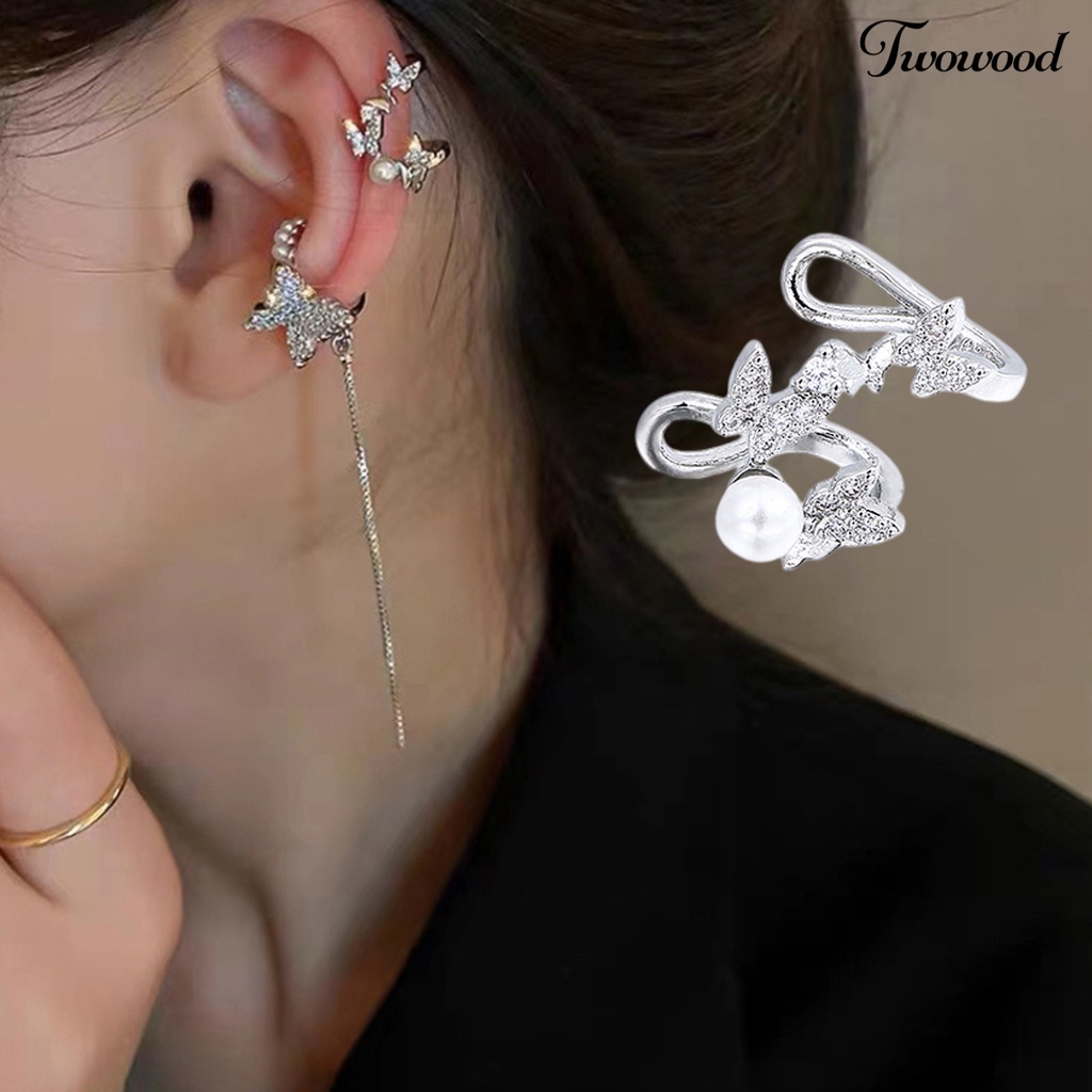 1 Pc Anting Klip Bentuk Kupu-Kupu Aksen Mutiara Tiruan Bahan Cubic Zirconia Untuk Wanita