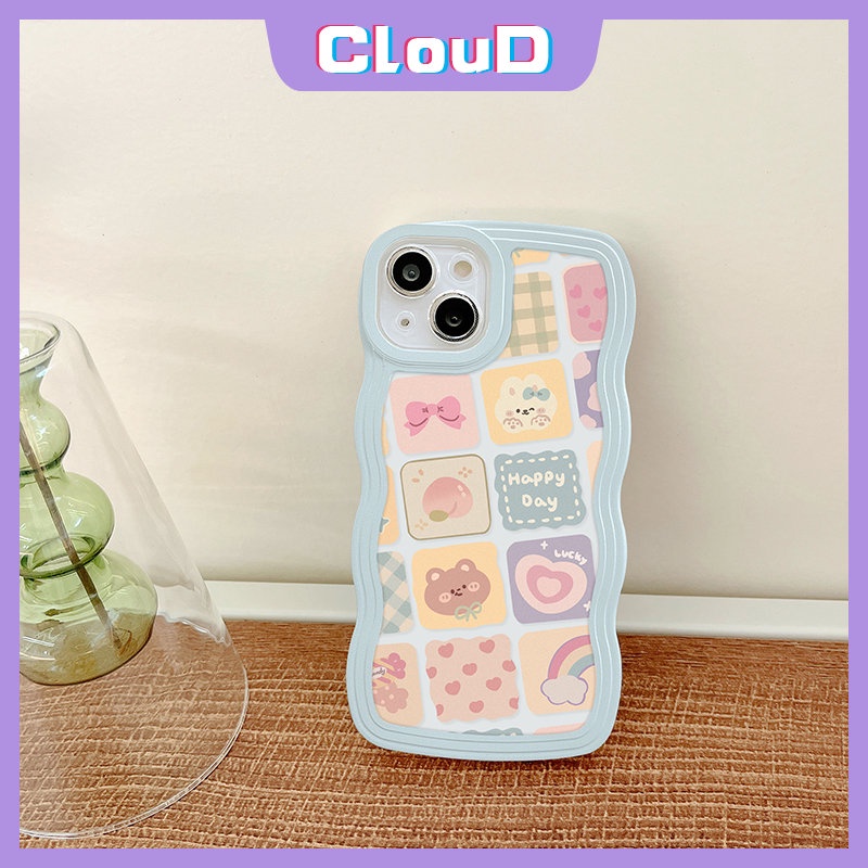 Oppo A17 A15 A57 A95 A16K A16 A54 A12 A74 A5 A9 A16s A55 A76 A96 A1k A53 A35 A5s A7 A3s A72 A77s A52 Reno 6 8 7 Gelombang Tepi Kartun Ilustrasi Kisi Rainbow Beruang Lucu Soft Case