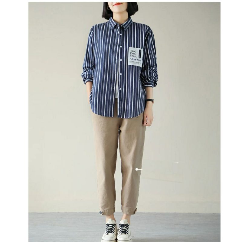 MDLV ~ 7845# Jammie Striped Shirt Kemeja Garis Navy Import