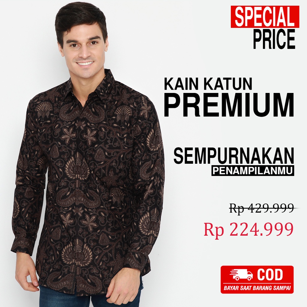 BATIK PRIA LENGAN PANJANG Kemeja Hem Premium Warna Hitam Coklat 722140 Cap 72 - Baju Kemeja Atasan Pakaian Setelan Batik Pria Cowok Laki Laki Remaja Keluarga Kantor Lengan Panjang Modern Slimfit Slim Fit Premium Kekinian