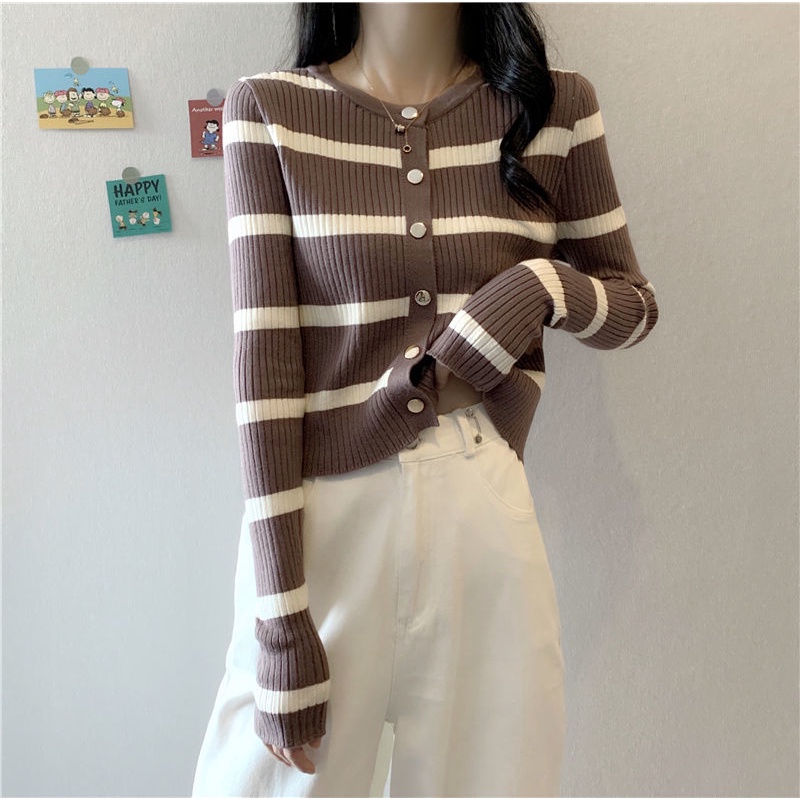 YIU YIU Rajut - Korea Cardigan Rajut Crop Stripe Sweater Cardigan Lengan Panjang