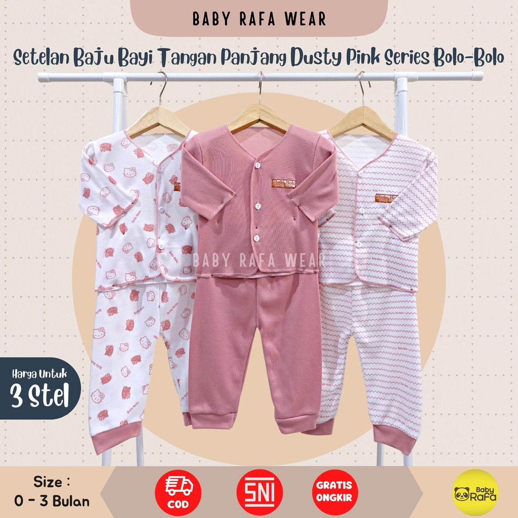 Serian Dusty - 3 Stel Setelan Baju Bayi Tangan Panjang Celana Panjang Bayi Baru Lahir PINK DUSTY SERIES SNI Bolo - Bolo