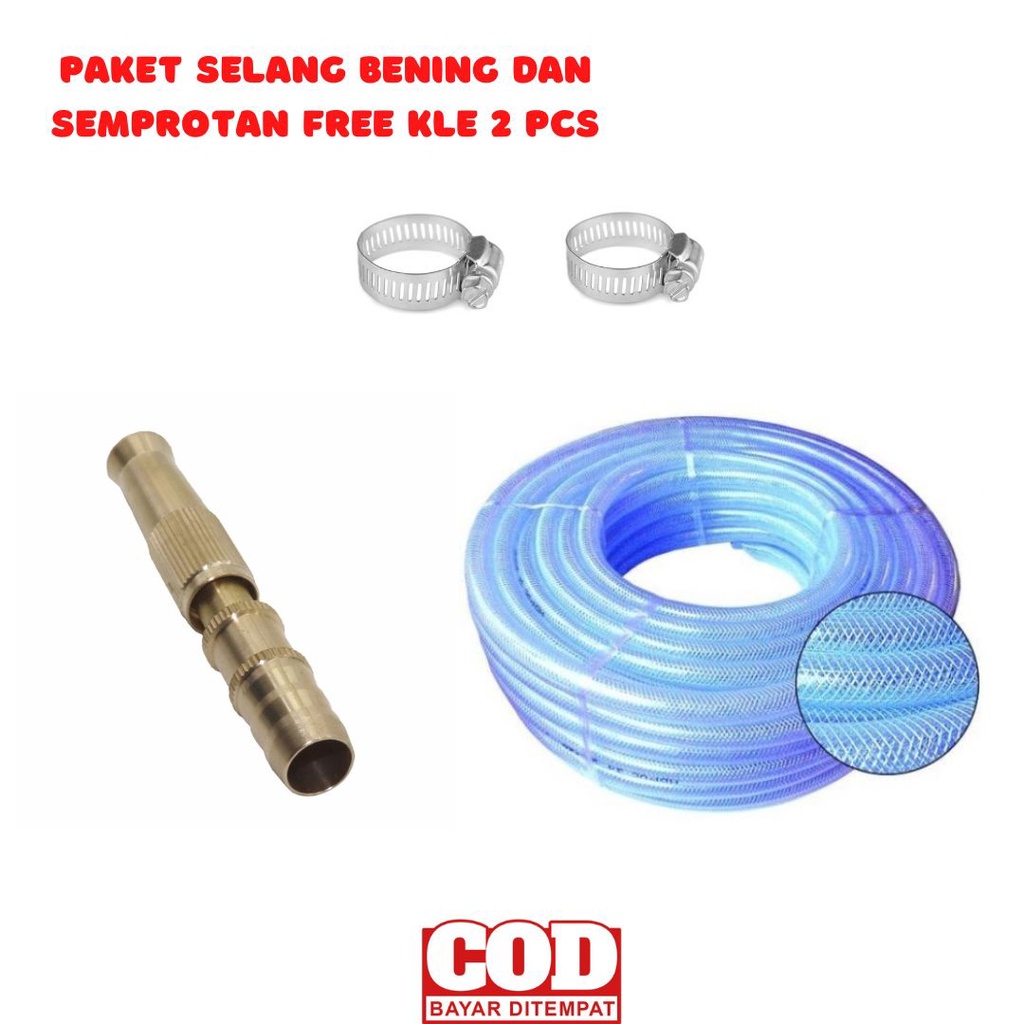 Set Selang Semprotan Lurus Kuningan + Selang Bening Serat Benang Ukuran 1/2 Inch