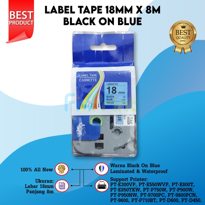 Printer Bro PT-E300VP PT-E550WVP PT-E800T PT-E850TKW, Compatible Label Tape Laminated TZE-541 18mm X 8m Black On Blue