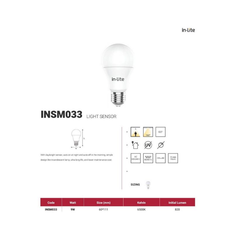 Lampu Sensor Cahaya 9W INLITE INSM033 otomatis mati jika siang