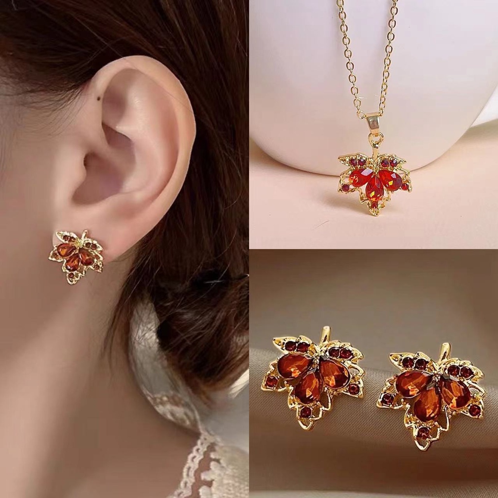 Set Anting Tusuk Gantungkalung Rantai Liontin Daun Maple Merah Gaya Retro Untuk Wanita 2022