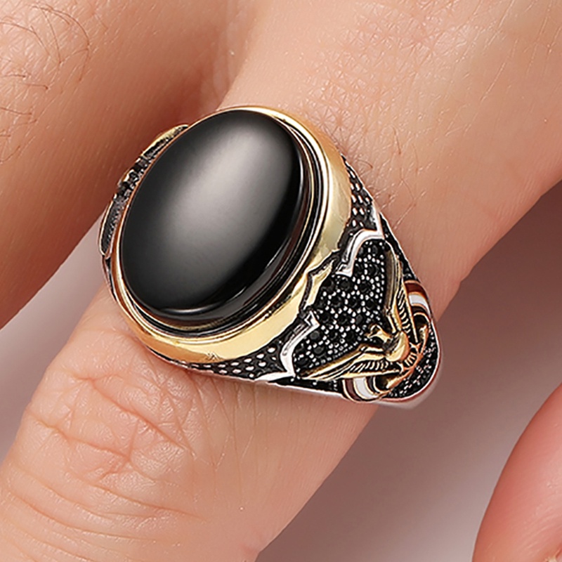 Cincin Silver Hias Batu Permata Hitam Ukiran Burung Gaya Retro Untuk Pria