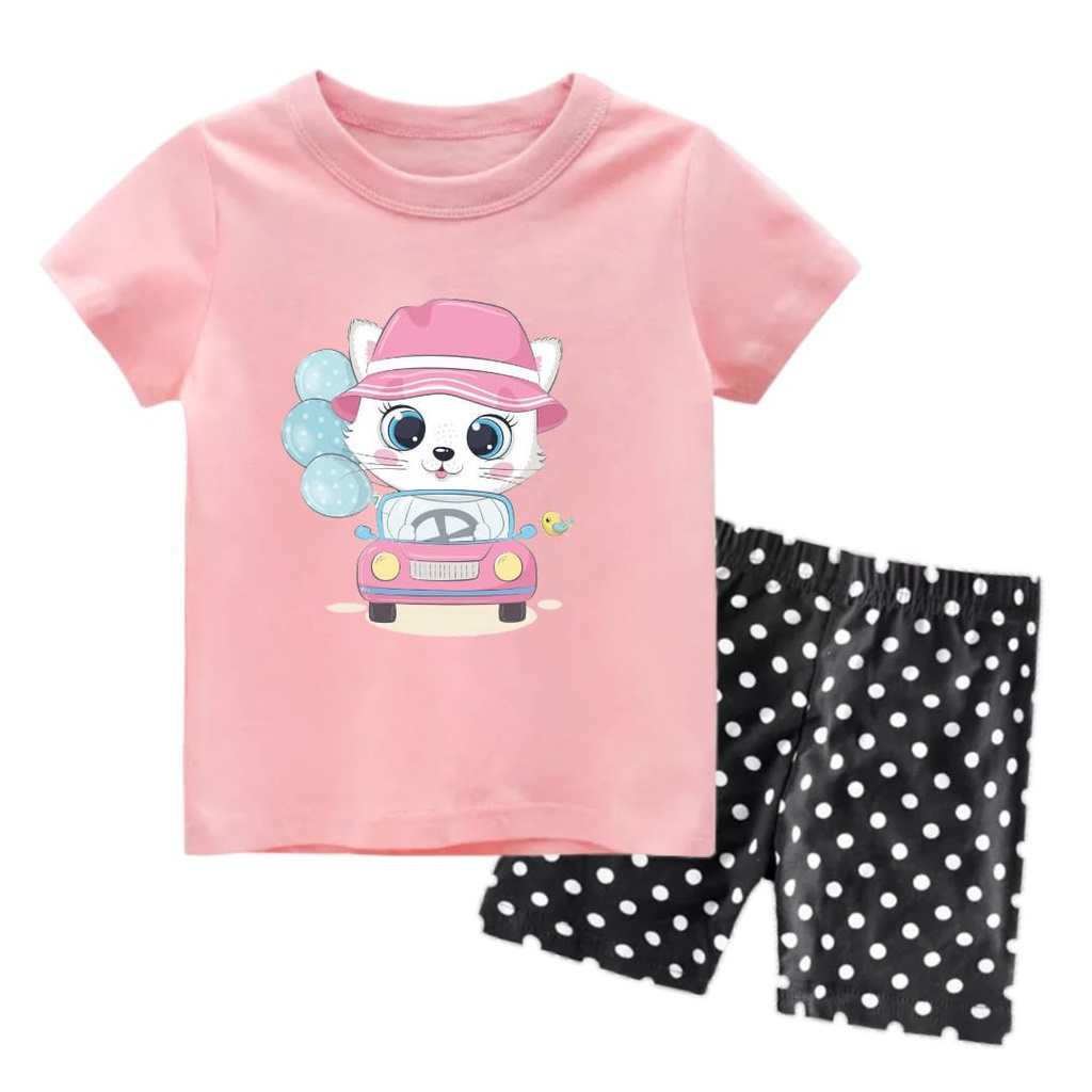 Rdkidzid Setelan Baju Anak Perempuan Set Lengan Pendek Anak Cewek Motif Cat Car DTF