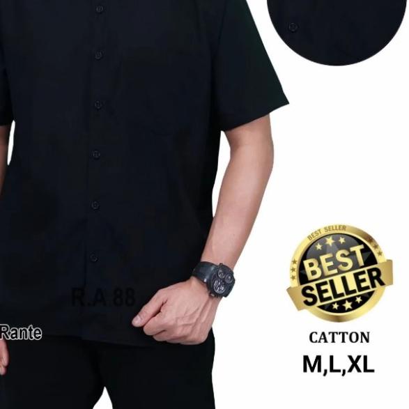 kemeja pria lengan pendek kuning polos + Baju Kemeja Pria Slimfit - Hitam, L