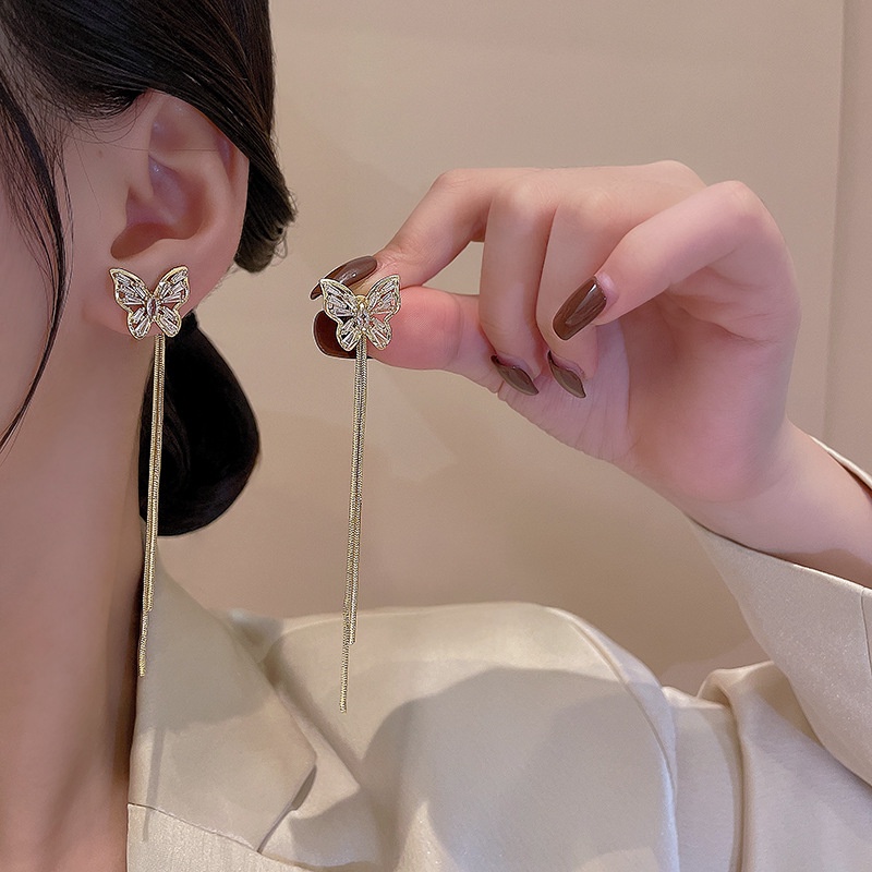 Anting Gantung Panjang Model Kupu-Kupu Dengan Rumbai Bahan Silver 925 Untuk Wanita Butterfly