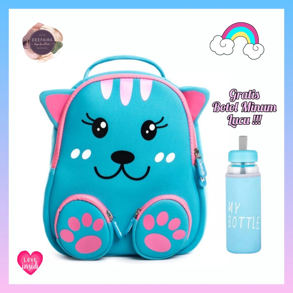 Tas Ransel Anak Perempuan Untuk Sekolah Tk Dan Paud Motif Kucing Lucky Gratis Botol Minum